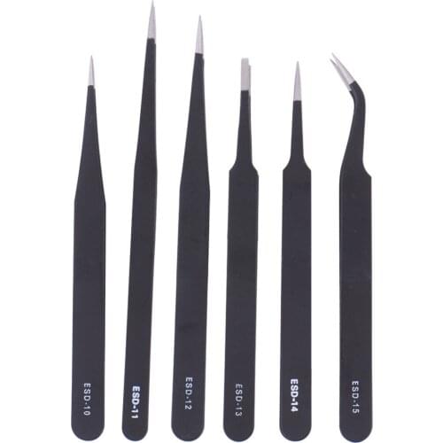6pcs Stainless Steel Tweezers Anti-static ESD Tweezer Set Multi Function For Repairing Maintenance Tools