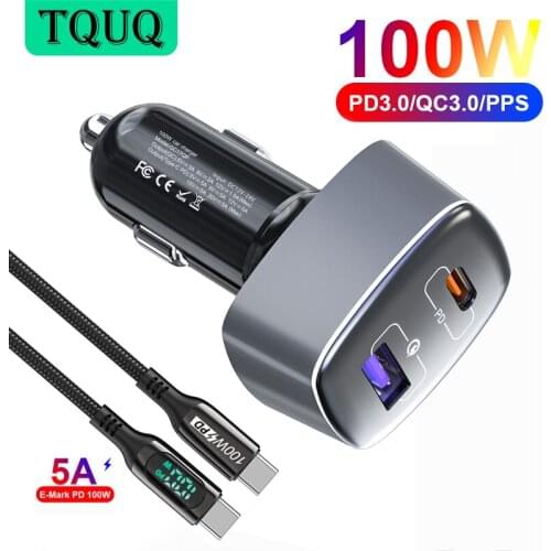 TQUQ 100W USB Car Charger 2 Port PD100W PPS PD Type C Phone Laptop Super Fast Charging QC3.0 Car Adapter for iPhone 12 MacBook