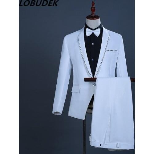 White Crystals Blazers Mens Slim Suits Singer Chorus Costume Host Wedding Groom Suit Male Host Stage Performance Clothing