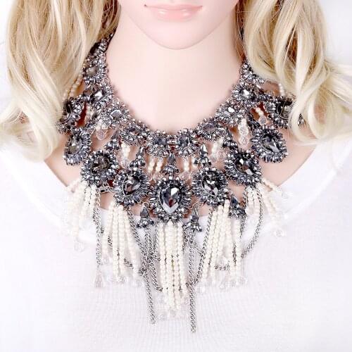 HAHA&TOTO Handmade Bohemian Boho Necklace Crystal Beads and Imitation Pearls Vintage Statement Choker Necklaces Chunky Jewelry