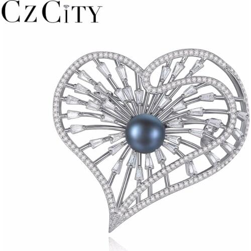 CZCITY Brand Luxury High Quality Heart Shape 925 Sterling Silver With Black Color Natural Pearl Brooch For Women Brooches Gifts