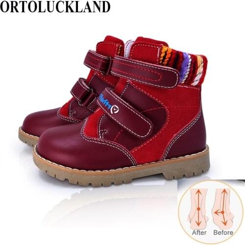 New Girls Genuine Leather Orthopedic Shoes For Kids Children Autumn Winter Warm Boys Boots Baby Fashion Red Ankle Casual Shoes