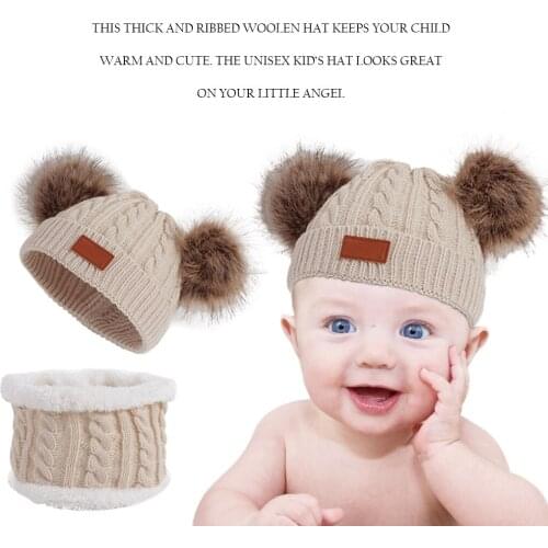 Children Autumn Winter Hat Scarf Infant Newborn Kids Baby Knitted Hat Cap Cute Boys Girls Beanie With Two Double Pom Pom Beanie