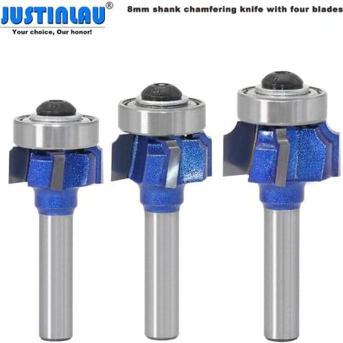 8mm Shank Four-tooth Trimming Cutter Woodworking Milling Cutter, Wood Milling Cutter with Bearing, Trimmer Chamfering Tool