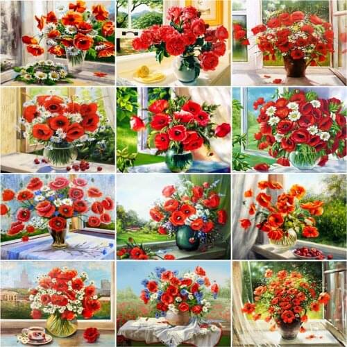 AZQSD Painting By Numbers Frame Red Flower Acrylic Unique Gift Coloring By Numbers Poppy Kits Handpainted Home Decoration