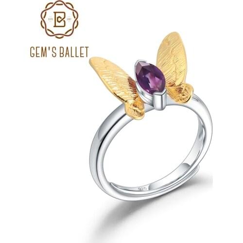 GEMS BALLET Natural Amethyst Gemstone Butterfly Rings For Women Jewelry 925 Sterling Silver Adjustable Open Handmade Ring
