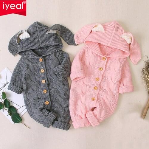 IYEAL Hooded Rabbit Ears Newborn Baby Boy Girls Clothes Winter Knitting Romper For Baby Overalls Outfit Jumpsuit Infant Clothing