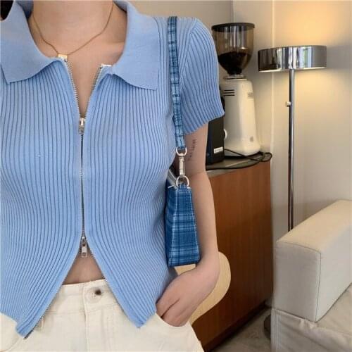 Summer Ice Silk Lady T-shirt Thin Knitted Turn-down Collar Zipper Short Sleeve Cardigan Fashion Womens Clothing Wholesale