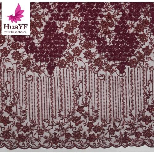 Hot French Wine Red Heavy Handmade 3d Chiffon Flower Beaded Lace Wedding Bridal Dress Fabric HY1270-6