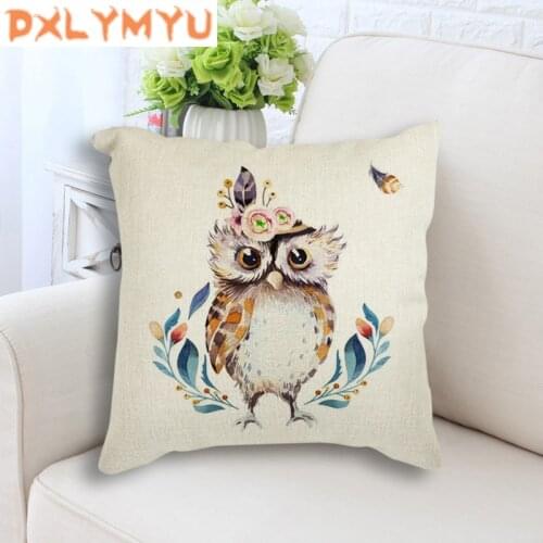 Linen Cushion Cover Watercolor Owl Rabbit Deer Bear Printed Home Office Coffee Shop Seat Pillow Covers Decorative 45CM*45CM