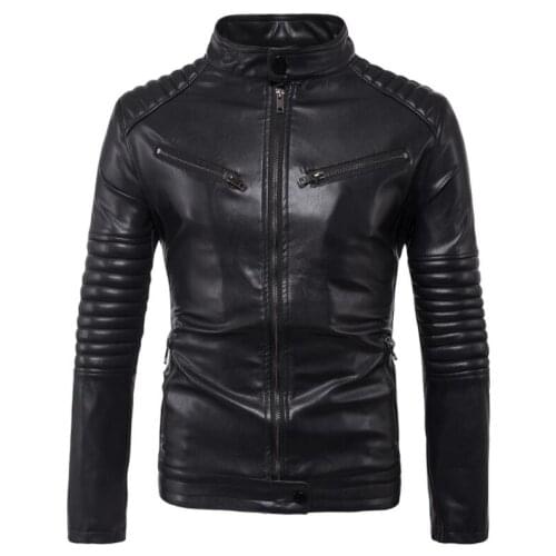 Multi-zipper decorative collar motorcycle leather jacket men casual clothes mens leather jackets loose PU coats biker black