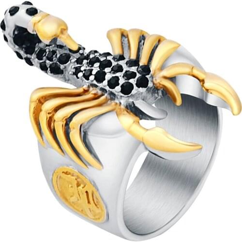 Mens Gold Color Punk Personality Scorpion Ring Stainless steel Hiphop Black Crystals Animal Rings jewelry for Man