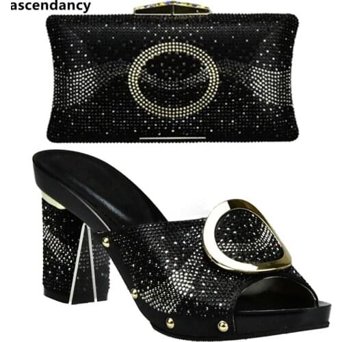 New Arrival Black Color African Matching Shoe and Bag Italian In Women Sales In Women Matching Shoes and Bag Set with Rhinestone