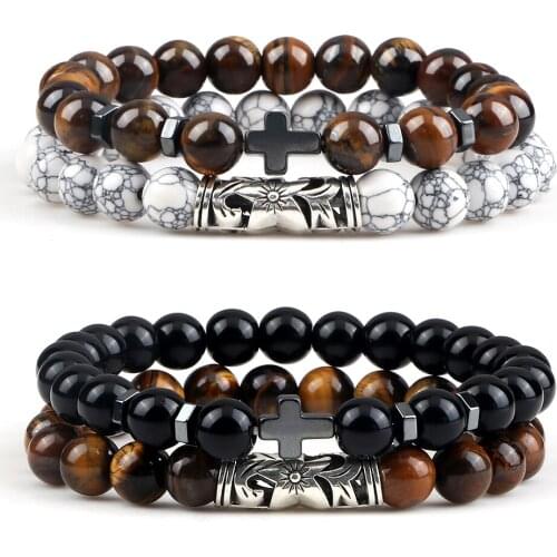 2pcs/set Charm Natural Tiger Eye Stone Men Bracelets 8mm Black Onyx Beads Hematite Cross Fashion Bangles Women Jewelry Pulseras