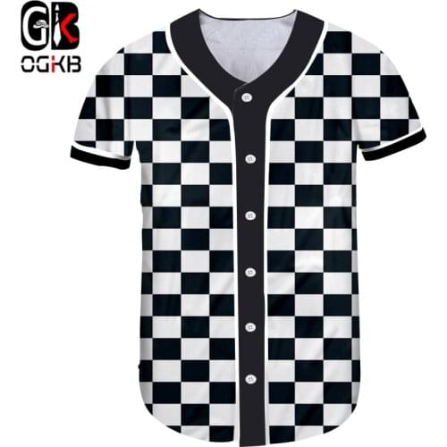 OGKB Hot Woman Fit Slim Loose Button Shirt V Neck Tee Shirts Womens Cool Print Black White Grid 3D Baseball T-shirts Tshirt