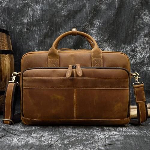 Crazy Horse Leather Men Briefcase Genuine Leather Laptop Bag 15.6" PC Doctor Lawyer Computer Bag Cowhide Male Leather Men Bags