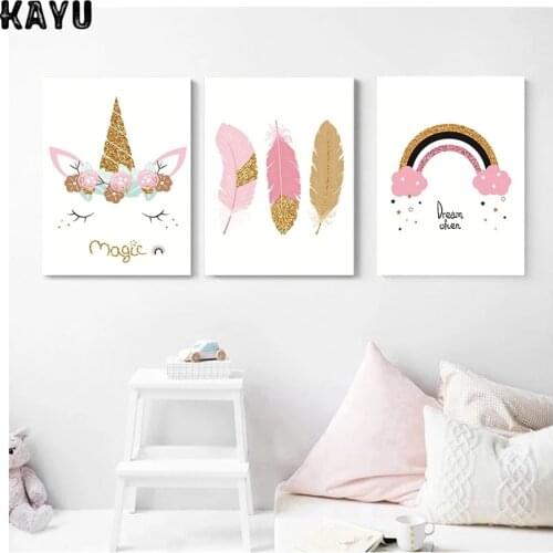 Pink Cartoon Unicorn Canvas Painting Dream Rainbow Magic Poster Childrens Room Girl Room Cute Wall Decorative Painting Pictures