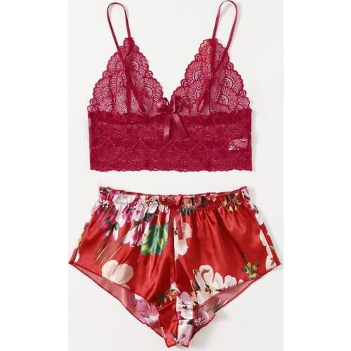 Sexy Lingerie Floral Lace Bra And Panty Underwear Women Set Transparent Erotic Lingerie Sexy Sleepwear Satin Womens Pajamas Set