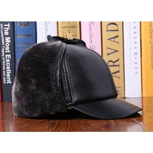 RU Style Men Winter Hat Real Leather Furry Warm Baseball Cap Earflaps Snapback Hats Thicken Protective Earflip Male Big Size Hat