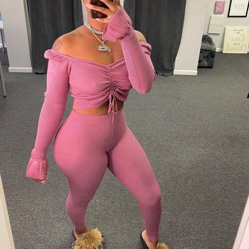 Streetwear Ribbed Knit Two Piece Set Women Slash Neck Off Shoulder Crop Top and Pants Leggings Matching Sets Sexy Club Outfits