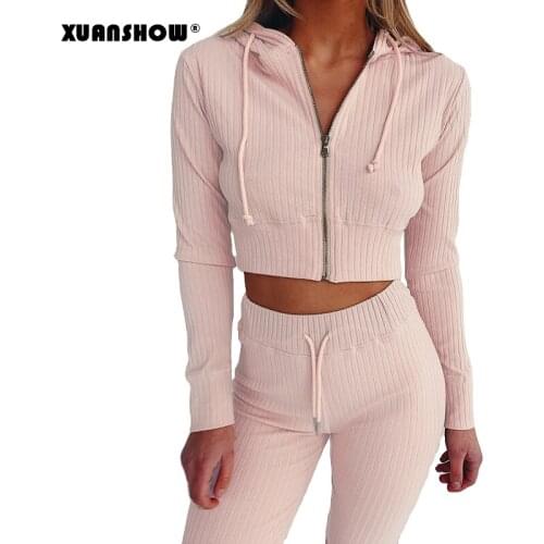 XUANSHOW 2021 Spring Tracksuit Womens Stripe Zipper Sexy Long Sleeve Crop Tops Hoodies+Long Pants Sportwear Clothes for Women