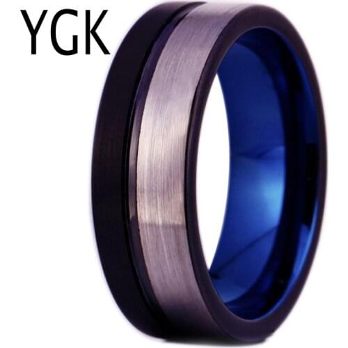 YGK Brand JEWELRY 8MM Silver&Black Brushed Tungsten Carbide Wedding Ring With One Black Stripe and Blue Color Inside the Ring