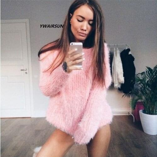YWAIRSUN Classic Solid pink round neck womens bottoming sweater loose long-sleeved pullover sweater women mohair acrylic blend