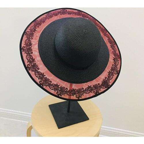 2019 New Summer Female Mesh Lace Floral Sun Hat Sombrero 12cm Big Brim Panama Beach Women Straw Hat beach hats women