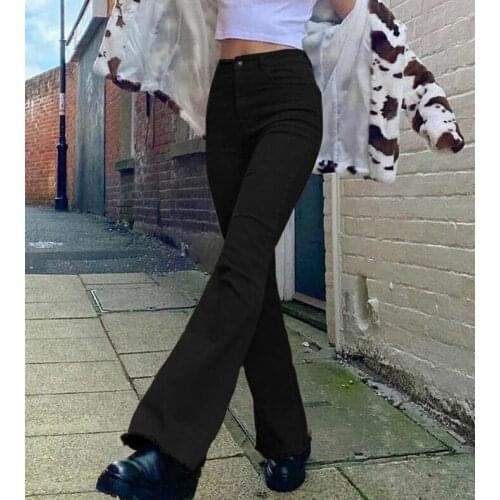 Womens Trousers High Waisted Stretch Street Casual Hip Hop High Waist Loose Flared Pants Vintage Solid Jeans For Female