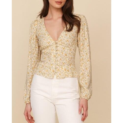 Womens Tops And Blouses 2021 Fashion Floral Print Blouse Top V Neck Long Sleeve Buttoned Casual Elegant Shirts For Women Vintage