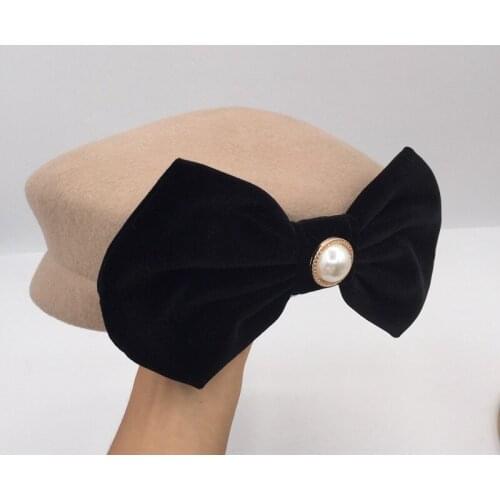 202108-nao-pearl bowknot lady grace autumn winter wool formal beret hat women Leisure Pumpkin painter hat