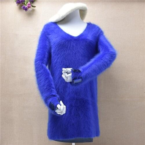 Ladies women fashion blue hairy beading mink cashmere long sleeves slim pullover v-neck angora rabbbit knitted jumper pull dress