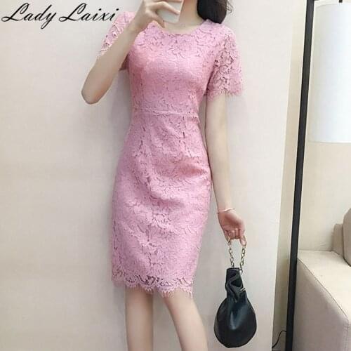 2021 Summer Women Elegant Wedding Party Sexy Night Club Dresses New O Neck Short Sleeve Sheath Bodycon Lace Dress Vestidos
