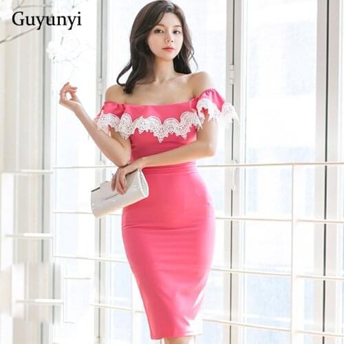 Summer Pencil Office Lady Dress 2019 Small Sexy Slash neck Off the Shoulder White Lace Stitching Elegant Party Dress Women