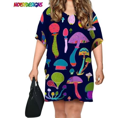 NOISYDESIGNS Women Loose Mushroom Prints Navy O-neck Dress Casual Batwing Short Sleeve O-neck Dresses Plus Size Dress Vestios