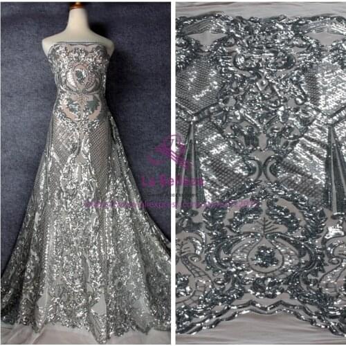 La Belleza 1 yard New silver sequins on white Stretch mesh embroidered evening/wedding dress lace fabric 51'' with