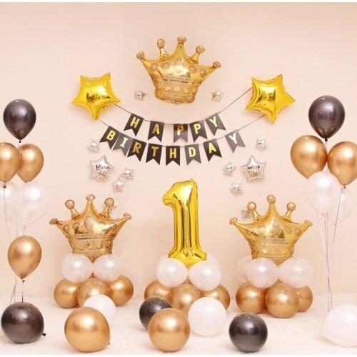 Gold Crown Theme Party Supplies 1st Birthday Boy Party Balloons Kids Party Decorations Metal/Star Balloon Happy Birthday Banner