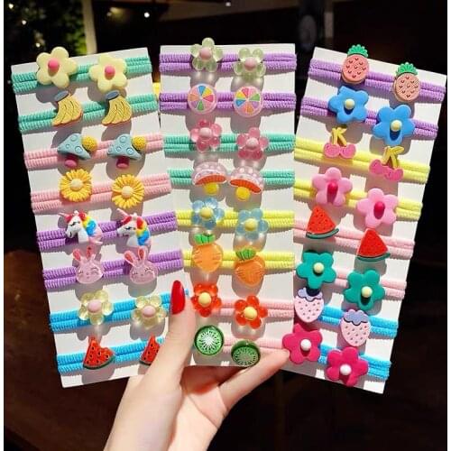 10Pcs/Set Cartoon Korean Scrunchies Kids Hair Ties Cute Fruit Rubber Bands Girls Ponytail Holder Kawaii Hair Accessories Clips