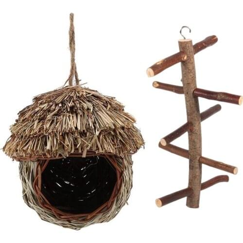 2 Pcs Accessories: 1 Pcs Bird Perch Natural Wood Bark Rotating Ladder Parrot Cage Stand Toy & 1 Pcs Bird Nest Handmade Woven Str