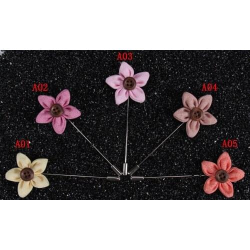 20 pcs/lot , Mens five Petals Flower Lapel Pin with wooden button, Fabric Flower Brooches Wedding boutonniere
