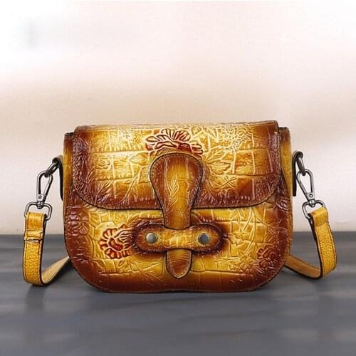 2021 Winter Retro Genuine Leather Women Bag Chinese Style Embossed Shoulder Messenger Bags Hand Painted Lady Small Crossbody Bag