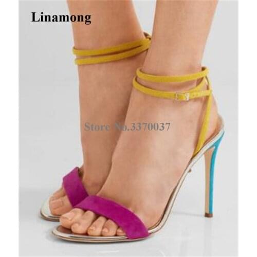 New Fashion Women Open Toe Suede Leather Patchwork Colors Thin Heel Sandals One Strap Ankle Strap Mixcolors High Heel Sandals