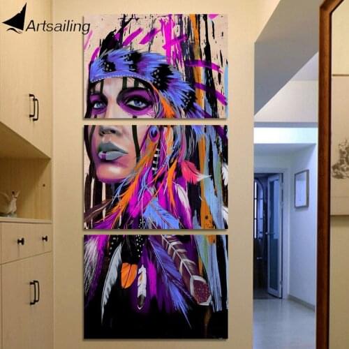 HD printed 3 piece canvas art purple Indian warrior art painting feathered Wall Art for living room Free shipping/NY-6833D