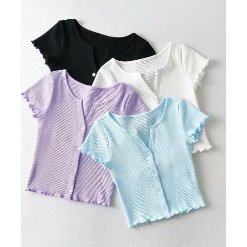 Cardigan V Collared Waffle Small V Collared Womens T-shirt 2021 Summer New European and American Womens DLSY1762