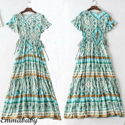 Boho Summer Fashion Women Sexy Floral Printed Deep V-neck Elastic Waist A-line Slim Long Dress Beach Sundress