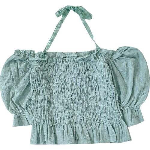 Sweet three-dimensional fur ball fold texture design summer fungus one-shoulder halter neck slim short shirt