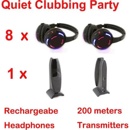 Silent Disco compete system black led wireless headphones - Quiet Clubbing Party Bundle (8 Headphones + 1 Transmitters)