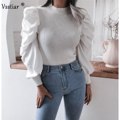 New Arrivals Long Puff Sleeve Women T-Shirt Sexy Skinny O Neck Knitted Elegant Tops Black White Casual Office Shirts Femme