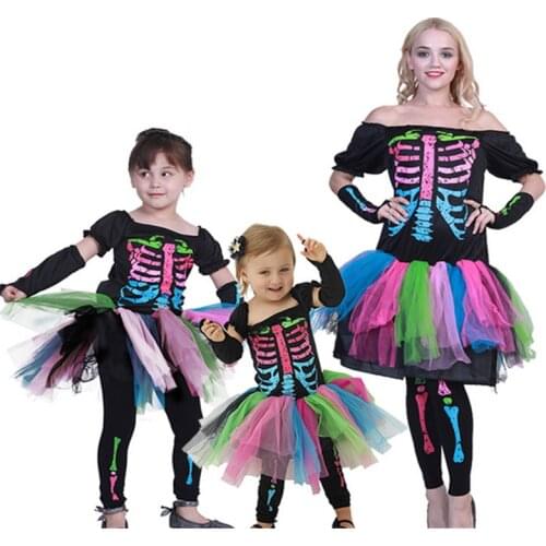 Matching Family Outfits Stage Costume Skull Punk Big Sister Little Sister Short Dress Halloween Party Mom And Daughter Clothes