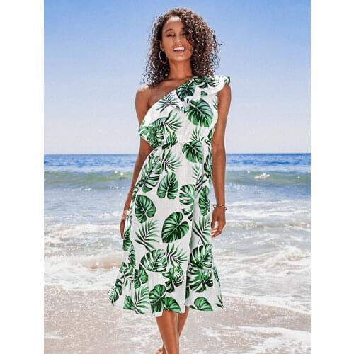 CUPSHE One Shoulder Ruffled Midi Dress For Woman Sexy Green Tropical Leaf Beach Holiday Dress 2021 Girl Summer Sundress Vestidos
